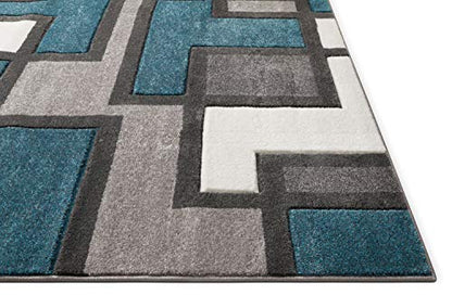 Uptown Squares Blue Grey Modern Geometric Comfy Casual Hand Carved 9x13 (9'3'' x 12'6'') Area Rug Easy to Clean Stain Fade Resistant Abstract Boxes Contemporary Thick Soft Plush Living Dining Room Rug
