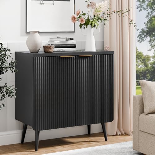 Wood Fluted Sideboard with 2 Doors, Modern Buffet Cabinet with Shelves, Multi-Space Storage Credenza Kitchen for Entryway, Dining & Living Room, Black
