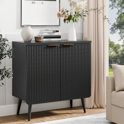Wood Fluted Sideboard with 2 Doors, Modern Buffet Cabinet with Shelves, Multi-Space Storage Credenza Kitchen for Entryway, Dining & Living Room, Black