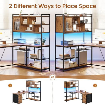 58'' L Shaped Computer Office Desk with 3 Drawers and Bookshelf, view 4