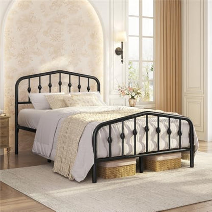 Full Metal Bed Frame with Victorian Vintage Headboard, Black, view 4