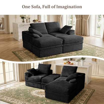 71" Modular Loveseat Sofa with Storage, 2-Seater Boneless Couch with Ottoman, 48" Deep Seat Corduroy Cloud Couch for Small Spaces Apartment, Tool-Free Assembly, Black