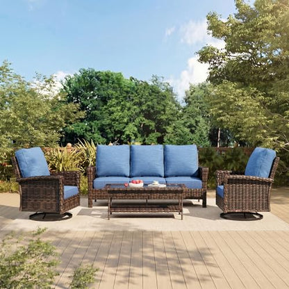 Patio Furniture Set with High Back Swivel Chairs, 4-Piece Outdoor Conversation Sets with 5.5-inch Thick Cushion, All-Weather Wicker Patio Sofa Set for Deck Yard Pool, Navy Blue