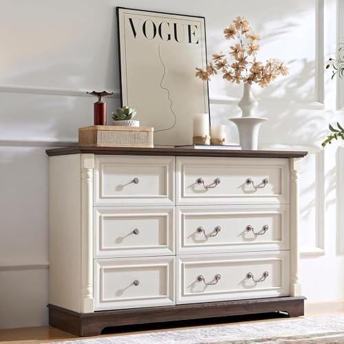 3PC Farmhouse Dresser and Nightstand Sets for Bedroom, Including 6 Drawer Dresser & 2 Drawer Night Stand Set of 2 with USB,Antique White