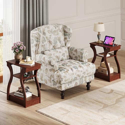 End Tables Living Room Set of 2, Cherry Side Tables with Charging Station, Nightstand for Bedroom, 3 Tier End Table with Storage Shelf, Side Table Set of 2 for Living Room, Cherry