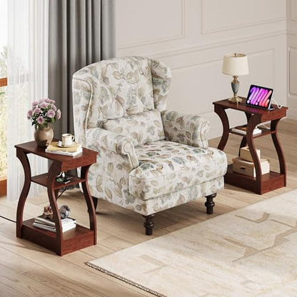 End Tables Living Room Set of 2, Cherry Side Tables with Charging Station, Nightstand for Bedroom, 3 Tier End Table with Storage Shelf, Side Table Set of 2 for Living Room, Cherry