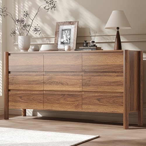 3-Piece Bedroom Dresser Set-9 Drawer Dresser & 2 Nightstands,63" Wide Walnurt Dresser and Night Stands with Solid Wood Cylindrical Legs,Rustic Wooden Storage for Bedroom