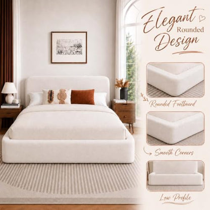 Queen Size Upholstered Bed Frame with Headboard, Cloud Boucle Bed Frame, view 7