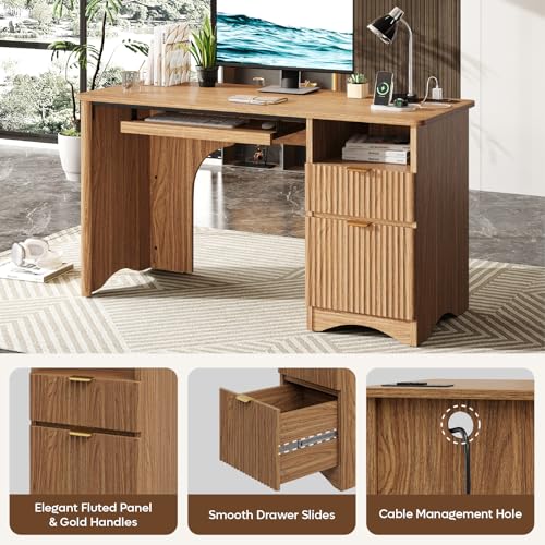 55 Inch Computer Desk with Drawers, Power Outlet, Brown Oak, view 7