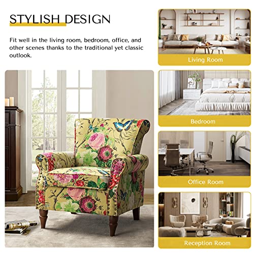 Modern Wingback Accent Chair with Wood Legs & Removable Cushion, Comfy Upholstered Armchair with Nailhead Trim, Floral Pattern Single Sofa Chair for Living Room Bedroom, Mustard