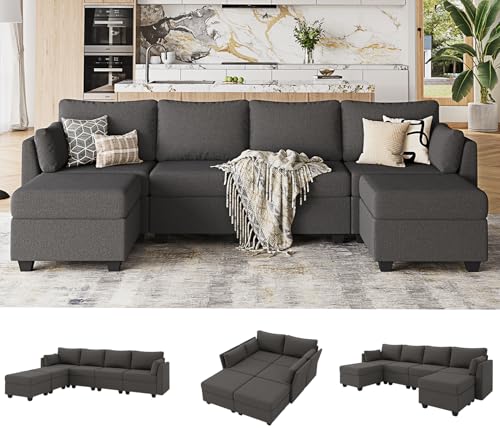 Modular Sectional Sofa with Storage, U Shaped Sectional Couch for Living Room, Convertible Modular Sofa Couch with Ottomans, High Supportive & Soft Sponge, 6 Seat, Darkgrey