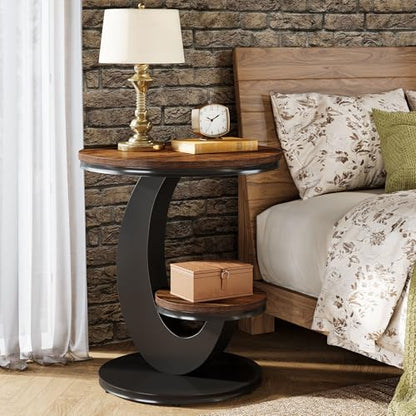 Tribesigns Round End Table, 2 Tiers Side Table with Storage Shelf, Sofa Side Bedside Nightstand with Wood Metal Arc-Shaped Frame for Small Spaces, Living Room, Bedroom, Easy to Assemble, Brown (1PCS)