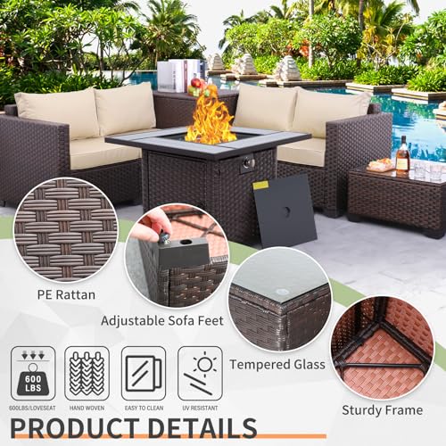 Patio Furniture Set 5 Pieces Outdoor Conversation Sets PE Rattan Couch Loveseat Resin Wicker Sectional Sofa with Storage Box Coffee Table and Propane Fire Pit, Khaki Cushion