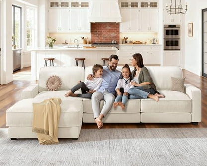 120" Oversized Modular Sectional Sofa, L Shaped Couch Set with 2 Pillows, 4 Seat Comfy Cloud Couches with Movable Ottoman for Living Room, Bedroom and Apartment, Chenille Beige