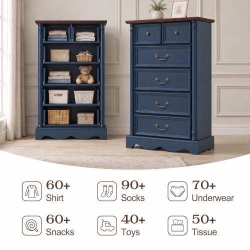 Farmhouse 6 Drawers Dresser, 47" High, Blue, view 7