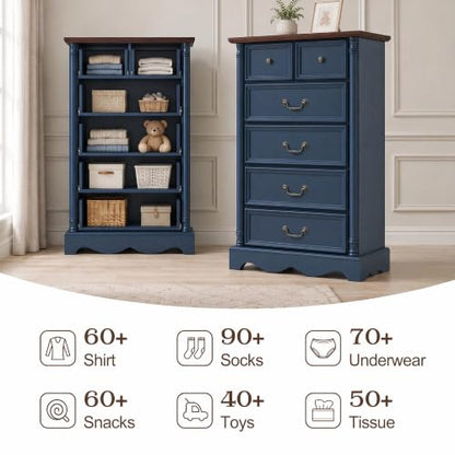 Farmhouse 6 Drawers Dresser, 47" High, Blue, view 7