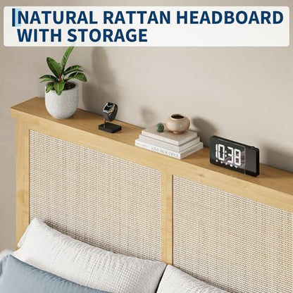 GAOMON Full Size Wood Bed Frame with LED Light and Rattan Headboard, view 6