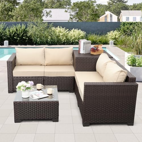 Wicker Patio Furniture Set 4 Pieces Outdoor Sectional Conversation Sofa Set with Storage Box and Glass Table with Cushions and Furniture Covers, Khaki