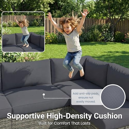 7 Pieces Wicker Outdoor Patio Furniture Set, Patio Sectional Sofa with Coffee Table, All-Weather Outdoor Sectional Furniture for Garden Backyard, Grey