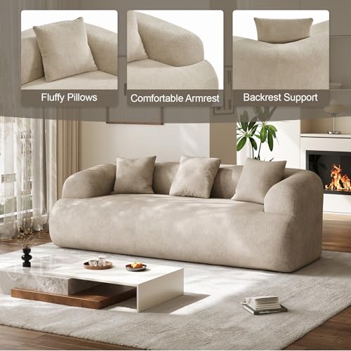 91" Boneless Couch,Cloud Couch,Chenille Curved Sofa with 3 Seater and 3 Pillows, Modern Compression Sofa for Living Room, Bedroom and Apartment, No Assembly Required, Light Brown