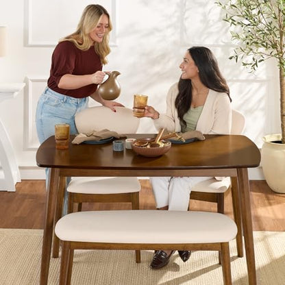 Best Choice Products 4-Piece Mid-Century Modern Wood Dining Kitchen Table & Chair Set w/ 2 Upholstered Chairs, Bench Seat - Walnut/Cream