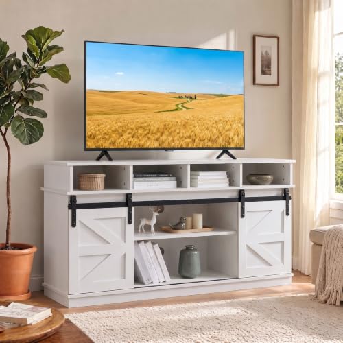 Farmhouse TV Stand for 65/60/55 Inch TV, TV Consoles with Sliding Barn Doors, view 2