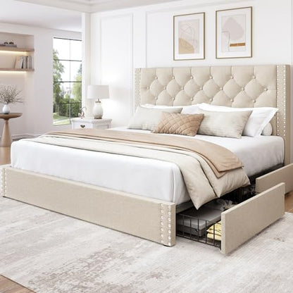Queen Size Bed Frame with 4 Storage Drawers and Tufted Headboard Linen, view 2