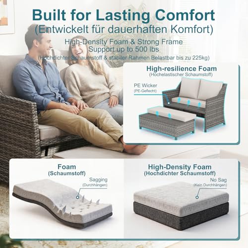 2-Piece Outdoor Patio Furniture Wicker Love-seat and Coffee Table Set, with Built-in Storage Bin, Grey Rattan, Beige Cushions