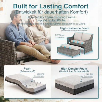 2-Piece Outdoor Patio Furniture Wicker Love-seat and Coffee Table Set, with Built-in Storage Bin, Grey Rattan, Beige Cushions
