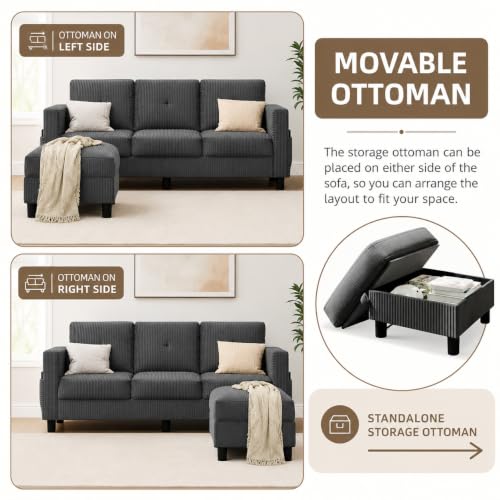 Convertible Sectional Sofa with Storage Ottoman, 77” L-Shaped 3-Seat Couch with Skin-Friendly Corduroy Fabric, Reversible Small Sectional for Small Space, Apartment, Living Room and Office(Dark Grey)