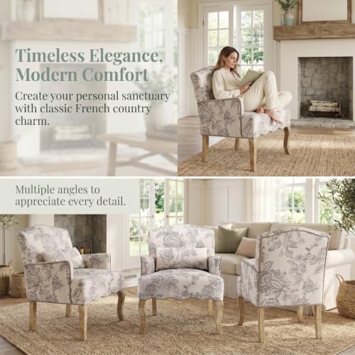 Floral Accent Chairs Farmhouse Upholstered Armchair Linen Reading Chair Mid Century Modern Single Sofa Chair with Pillow for Bedroom/Living Room/Fireplace, Beige, 1PC