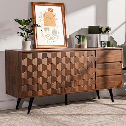 Sideboard Georgina Solid Wood 2 Doors & 3 Drawers, 61'' Mid Century Modern Cabinet with Geometric Pattern for Kitchen, Dining, Living Room