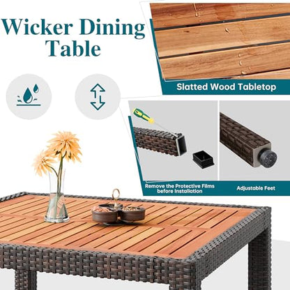 5 PCS Patio Dining Set, Wicker Outdoor Table and Chairs with Soft Cushions, Patio Furniture Set with Wood Table Top for Backyard, Deck and Garden, Brown Rattan