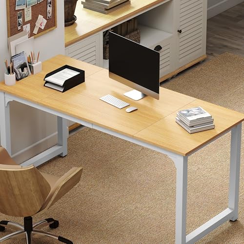 Modern Computer Desk 63 Inch Large Office Desk, Writing Study Table for Home Office Desk Workstation Wide Metal Sturdy Frame Thicker Steel Legs, White