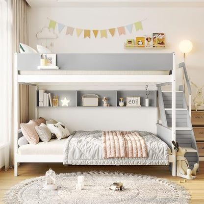JIVOIT Twin Over Full Bunk Bed with Striped-Design Staircase, Side Shelves | Solid Wood Bunk Bed Frame, Space-Saving Design, Full-Length Safety Guardrails, Handrails, Wood Slats Support
