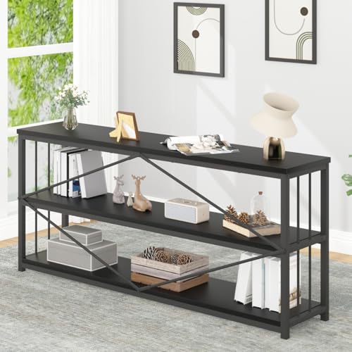 63" Black Low Horizontal Bookcase, Modern Long Wood Metal 3 Tier Book Shelf, Farmhouse Vintage Big Open Sturdy Bookshelf, Simple Large Wide Etagere for Home Living Room Office Bedroom, Black Oak