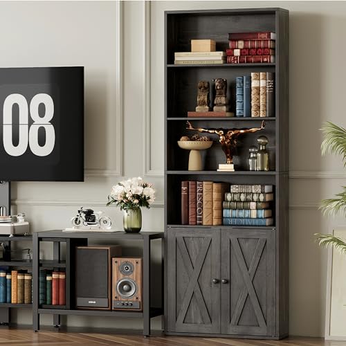 Tall Bookshelf 70 in, Bookcases with Doors, Set of 2, Charcoal Grey, view 5