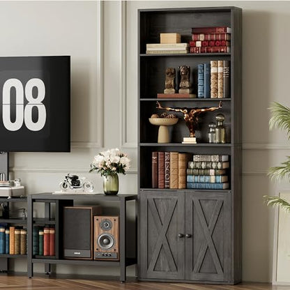 Tall Bookshelf 70 in, Bookcases with Doors, Set of 2, Charcoal Grey, view 5