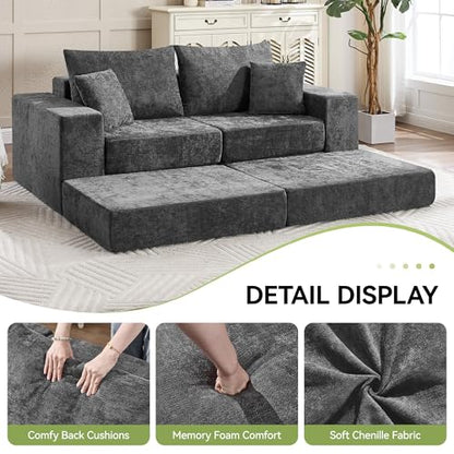 79" Boneless Cloud Loveseat Sofa Couch, Modular Foldable Floor Sofa with Ottoman, Chenille Lounge Convertible Sofa Bed for Living Room, No Assembly, Dark Grey