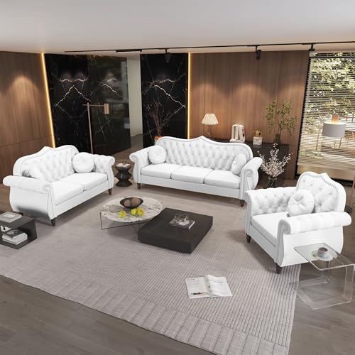 3-Piece Living Room Sectional Sofa Set, Mid-Century Modern Chesterfield Upholstered Velvet Sofa Couch, Classic Tufted Button White Couch with Nailhead Trim for Living Room, Office (White)