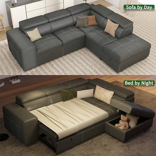 104'' Microfiber L Shaped Sectional Sleeper Sofa Couch with Pull Out Bed and Storage Ottoman, Convertible Couches with Adjustable Headrest for Living Room, Right Facing Chaise. Charcoal Grey