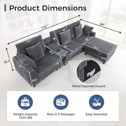 114" Corduroy Modular Sectional Couch with Built-in Speakers & USB Ports, Deep Seat L Shaped Couch with Storage Console, Cup Holders, Movable Ottoman, Cloud Comfy Gaming Sofa for Living Room (Gray)