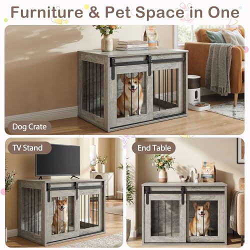 31.5" Dog Crate Furniture with Sliding Barn Door, Wooden Dog Kennel, view 4