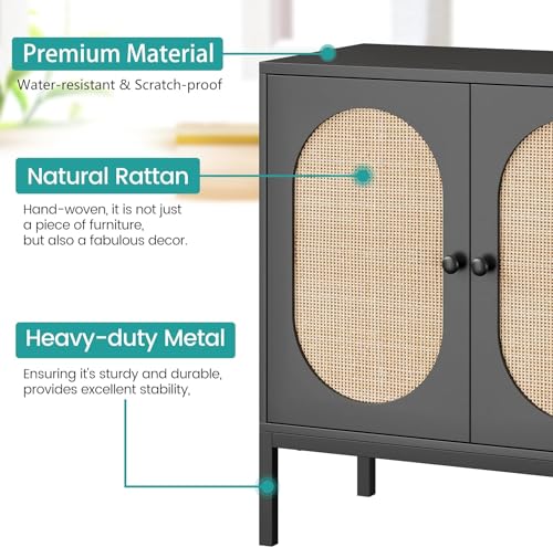 GAOMON Sideboard Buffet Cabinet, Rattan Storage Cabinet, Wood Accent Cabinet with Door and Shelf, Console Cabinet with Storage, Sideboard Cabinet for Hallway, Entryway, Living Room, Black