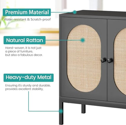 GAOMON Sideboard Buffet Cabinet, Rattan Storage Cabinet, Wood Accent Cabinet with Door and Shelf, Console Cabinet with Storage, Sideboard Cabinet for Hallway, Entryway, Living Room, Black