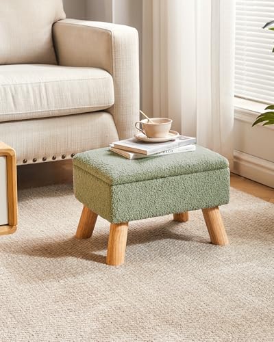 Storage Ottoman,Small Foot Stool, 15.75"×11.81"×11.02" Green,HBD042GR | Teddy Velvet,Sturdy Wood Legs,Footstool with Padded Seat, For Living Room Bedroom Couch Entryway