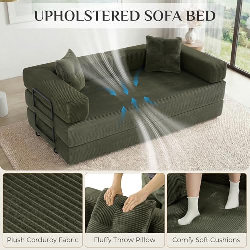 78 Inch Convertible Boneless Sleeper Sofa Bed, Modular Foldable Floor Couch, Corduroy Fabric, Memory Foam Filling, Modern Comfy Loveseat for Living Room, Small Spaces, Assembly Free, Green