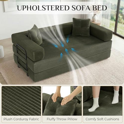 78 Inch Convertible Boneless Sleeper Sofa Bed, Modular Foldable Floor Couch, Corduroy Fabric, Memory Foam Filling, Modern Comfy Loveseat for Living Room, Small Spaces, Assembly Free, Green
