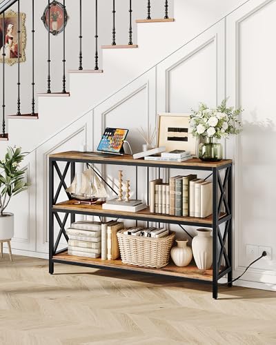 47.2" Console Table with Charging Station, 3-Tier Entryway Table, Industrial Sofa Desk, Hallway Desk with 2 AC Outlets and 2 USB Ports Metal Frame, Rustic Brown and Black TXG01UBF