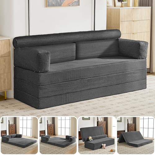 5-in-1 Convertible Sofa Bed, 78" Boneless Couch Tri Folding Mattress with Removable L-Shaped Armrests, Corduroy Futon Couch Sleeper with Pull Out Bed for Living Room Bedroom Apartment, Grey